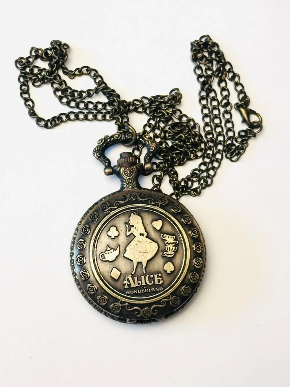 Bronze Alice in Wonderland Pocket Watch with chain 28” NEW UNTESTED NO BOX
